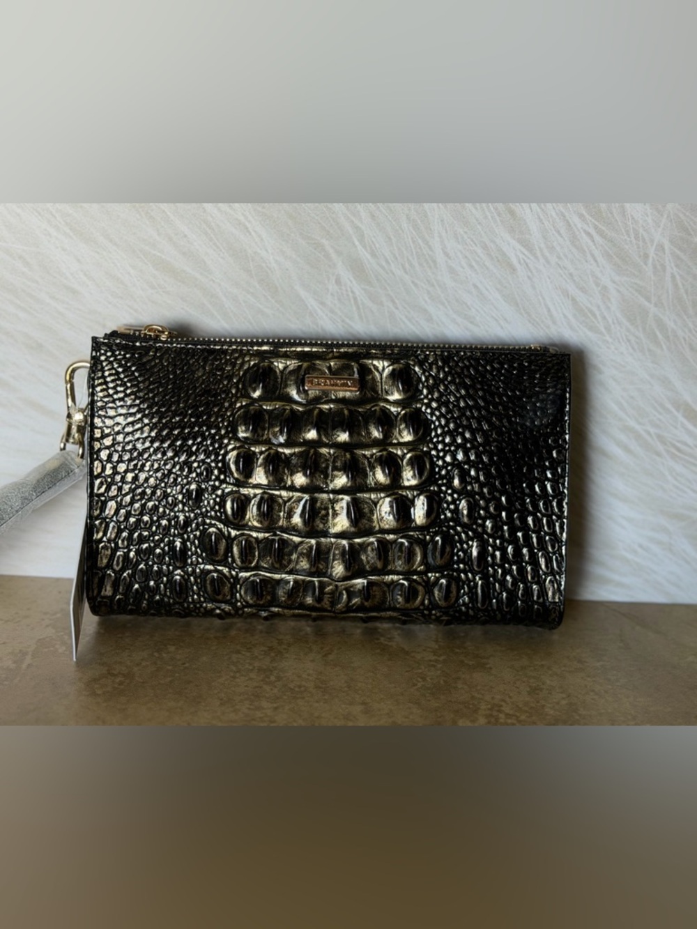 Brahmin Onyx Melbourne Croc-Embossed Metallic Clutch - Black/Gold NWT